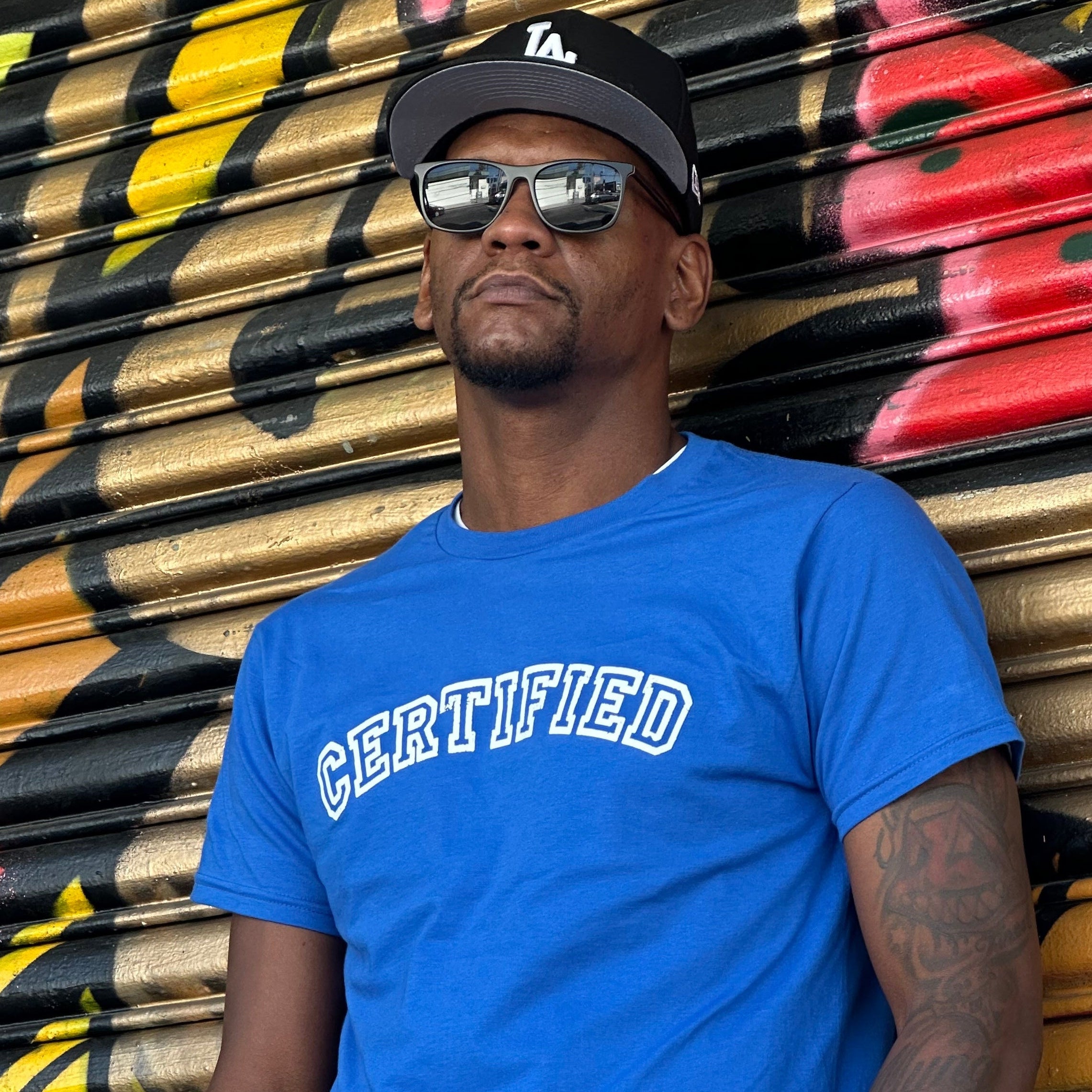 Custom screen printed blue t-shirt Los Angeles apparel